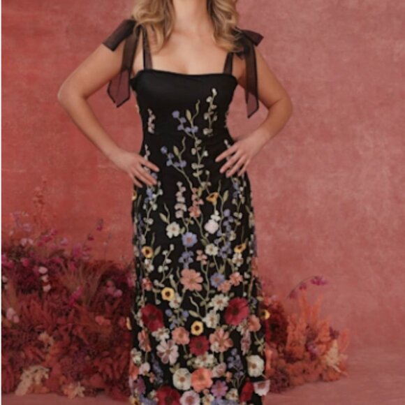 Lulus Thriving Poise Black 3D Floral Embroidered Tie-Strap Maxi Dress Size Small - Picture 2 of 10